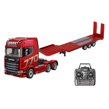 CAMINHÃO DE CONTROLE REMOTO VERMELHO SCANIA 770 S V8 1/18 2.4GHZ 6X4 COM REBOQUE PLATAFORMA HUI NA 1501A V